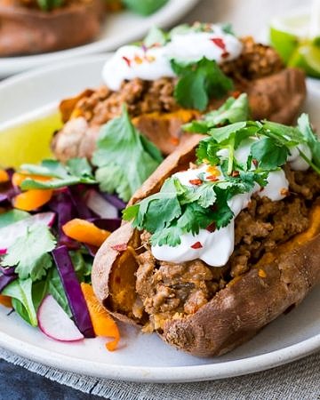 Thai Red Curry Stuffed Sweet Potatoes {gluten free, grain free, dairy free, paleo, nut free} - recipe by Nourish Everyday
