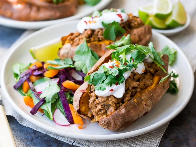 Thai Red Curry Stuffed Sweet Potatoes {gluten free, grain free, dairy free, paleo, nut free} - recipe by Nourish Everyday