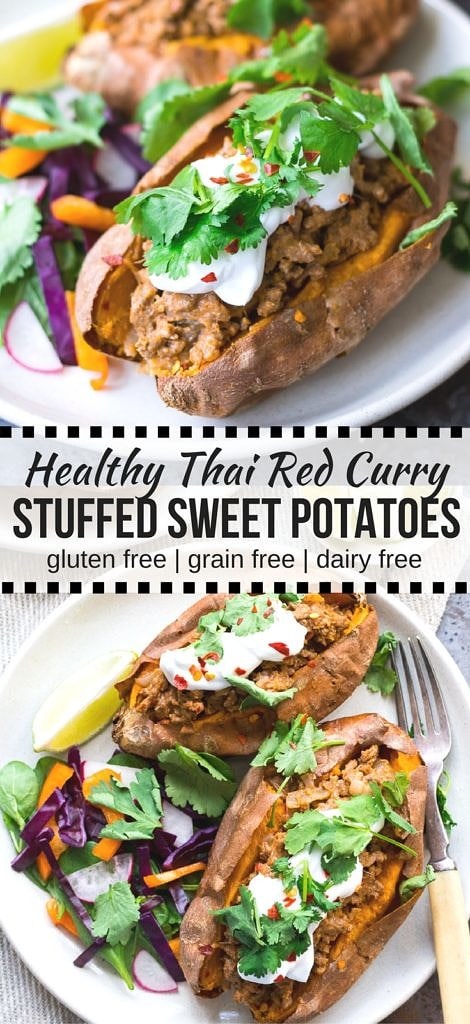 Thai Red Curry Stuffed Sweet Potatoes {gluten free, grain free, dairy free, paleo, nut free} - recipe by Nourish Everyday