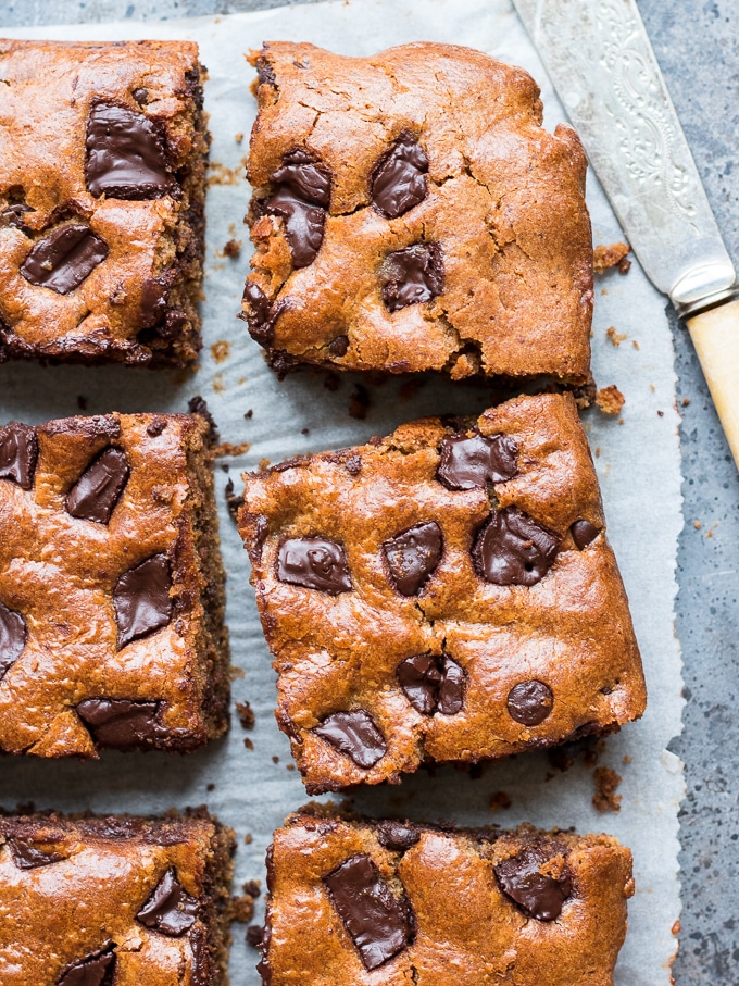 These easy blender chocolate almond butter bars are studded with dark chocolate chunks. Gluten free, grain free (paleo) and dairy free, a healthier dessert or indulgent snack!