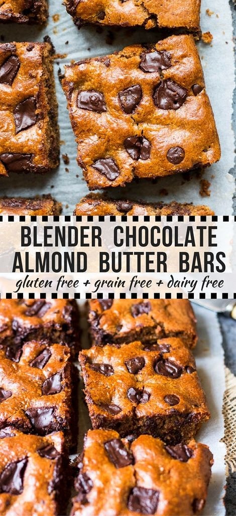 These easy blender chocolate almond butter bars are studded with dark chocolate chunks. Gluten free, grain free (paleo) and dairy free, a healthier dessert or indulgent snack!
