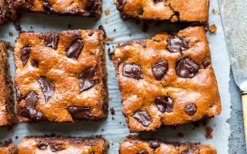 These easy blender chocolate almond butter bars are studded with dark chocolate chunks. Gluten free, grain free (paleo) and dairy free, a healthier dessert or indulgent snack!