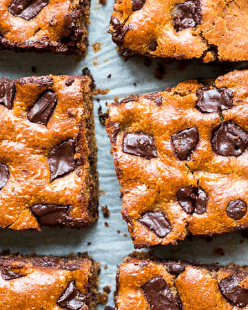 These easy blender chocolate almond butter bars are studded with dark chocolate chunks. Gluten free, grain free (paleo) and dairy free, a healthier dessert or indulgent snack!