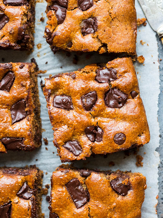 These easy blender chocolate almond butter bars are studded with dark chocolate chunks. Gluten free, grain free (paleo) and dairy free, a healthier dessert or indulgent snack!