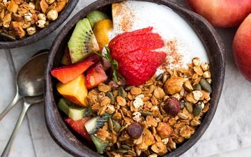 Crisp honey olive oil granola made with simple pantry ingredients. All natural, low sugar, plus it's gluten free and dairy free! An easy healthy breakfast.