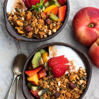 Crisp honey olive oil granola made with simple pantry ingredients. All natural, low sugar, plus it's gluten free and dairy free! An easy healthy breakfast.