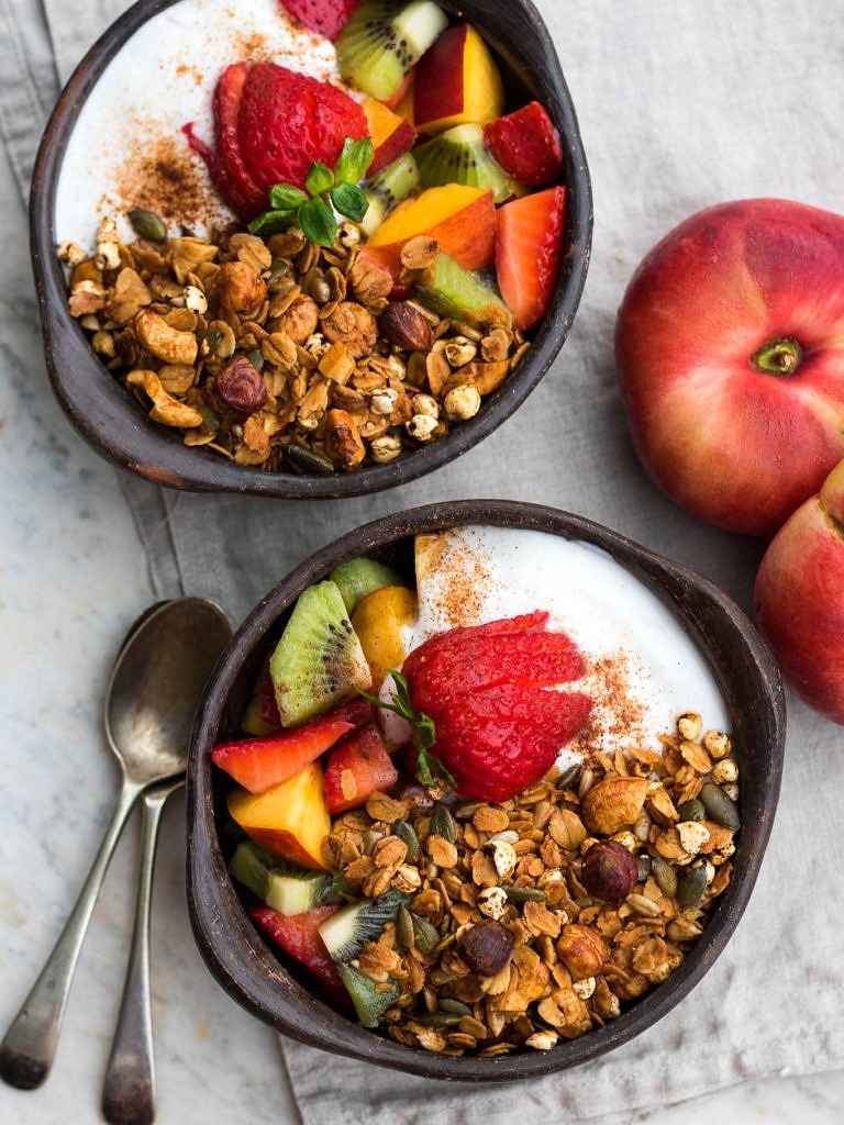 Crisp honey olive oil granola made with simple pantry ingredients. All natural, low sugar, plus it's gluten free and dairy free! An easy healthy breakfast.