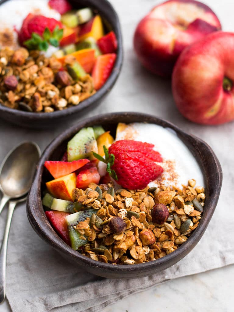 Crisp honey olive oil granola made with simple pantry ingredients. All natural, low sugar, plus it's gluten free and dairy free! An easy healthy breakfast.