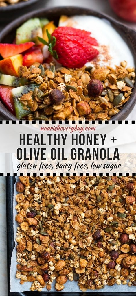 Crisp honey olive oil granola made with simple pantry ingredients. All natural, low sugar, plus it's gluten free and dairy free! An easy healthy breakfast.
