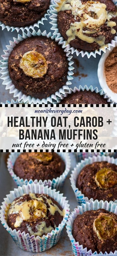 Oat Carob Banana Muffins make a sweet healthier snack or afternoon tea time treat! This easy recipe combines wholegrain oats with buckwheat flour, carob and banana for tasty, nourishing, soft muffins.