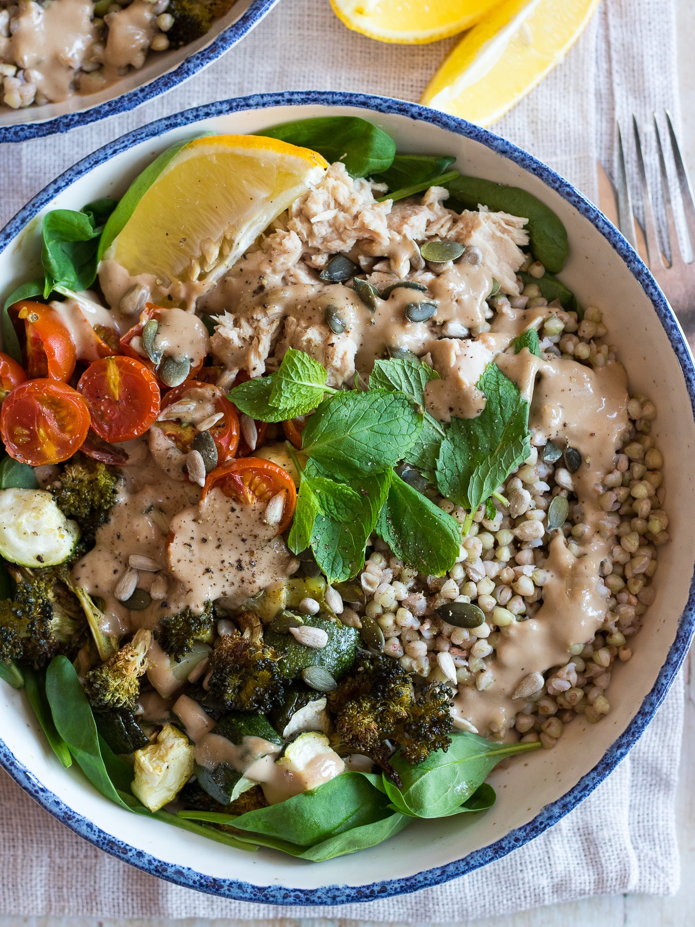 Creamy Balsamic Veggie Nourish Bowls are deliciously #glutenfree and dairy free. Super easy to meal prep, this healthy recipe is flexible and you can mix up your favourite veggies, grain and protein. #nourishbowl #buddhabowl