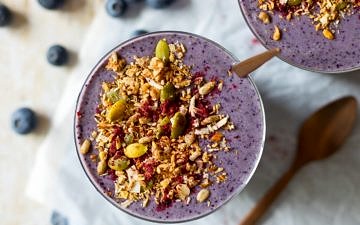 Easy Blueberry Zucchini Protein Smoothie made with frozen zucchini for a super thick creamy smoothie! Healthy, simple and delicious. Gluten free, paleo and with a vegan option.