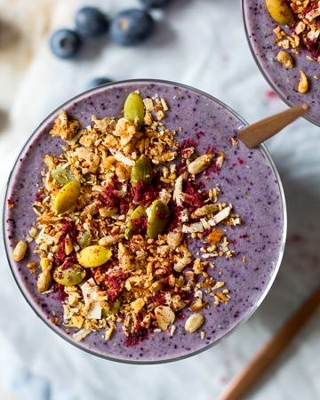 Easy Blueberry Zucchini Protein Smoothie made with frozen zucchini for a super thick creamy smoothie! Healthy, simple and delicious. Gluten free, paleo and with a vegan option.