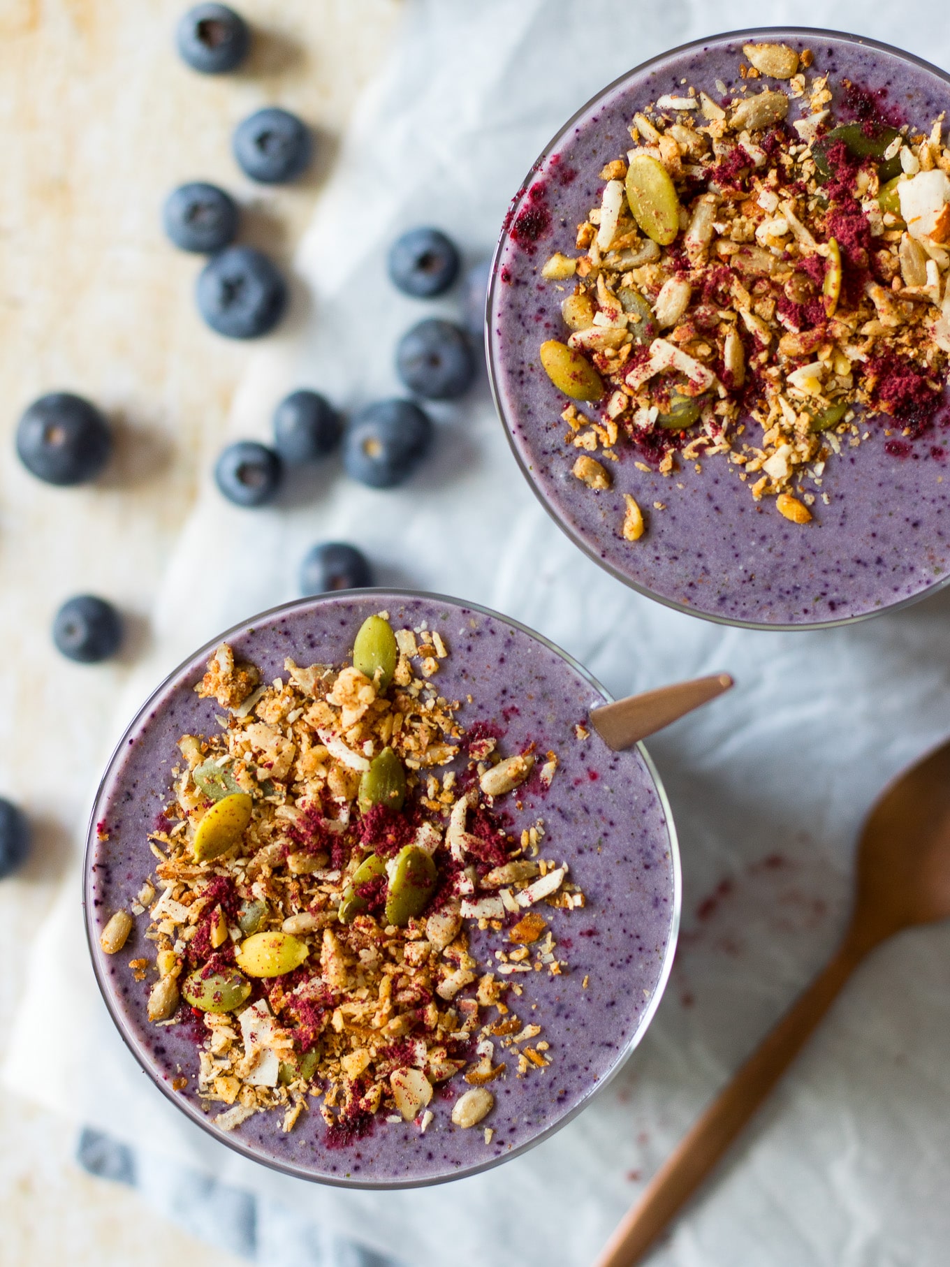 Easy Blueberry Zucchini Protein Smoothie made with frozen zucchini for a super thick creamy smoothie! Healthy, simple and delicious. Gluten free, paleo and with a vegan option.