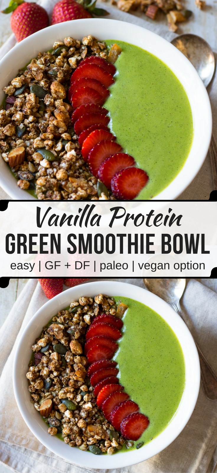 A thick green protein #smoothiebowl is a quick, satisfying healthy breakfast ready in no time. #paleo and #glutenfree, with an easy vegan #dairyfree option too. #greensmoothie