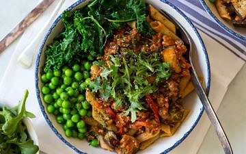 Roast Eggplant and Kale Bolognese sauce recipe (gluten free, dairy free, freezer friendly, paleo option)