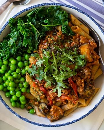 Roast Eggplant and Kale Bolognese sauce recipe (gluten free, dairy free, freezer friendly, paleo option)