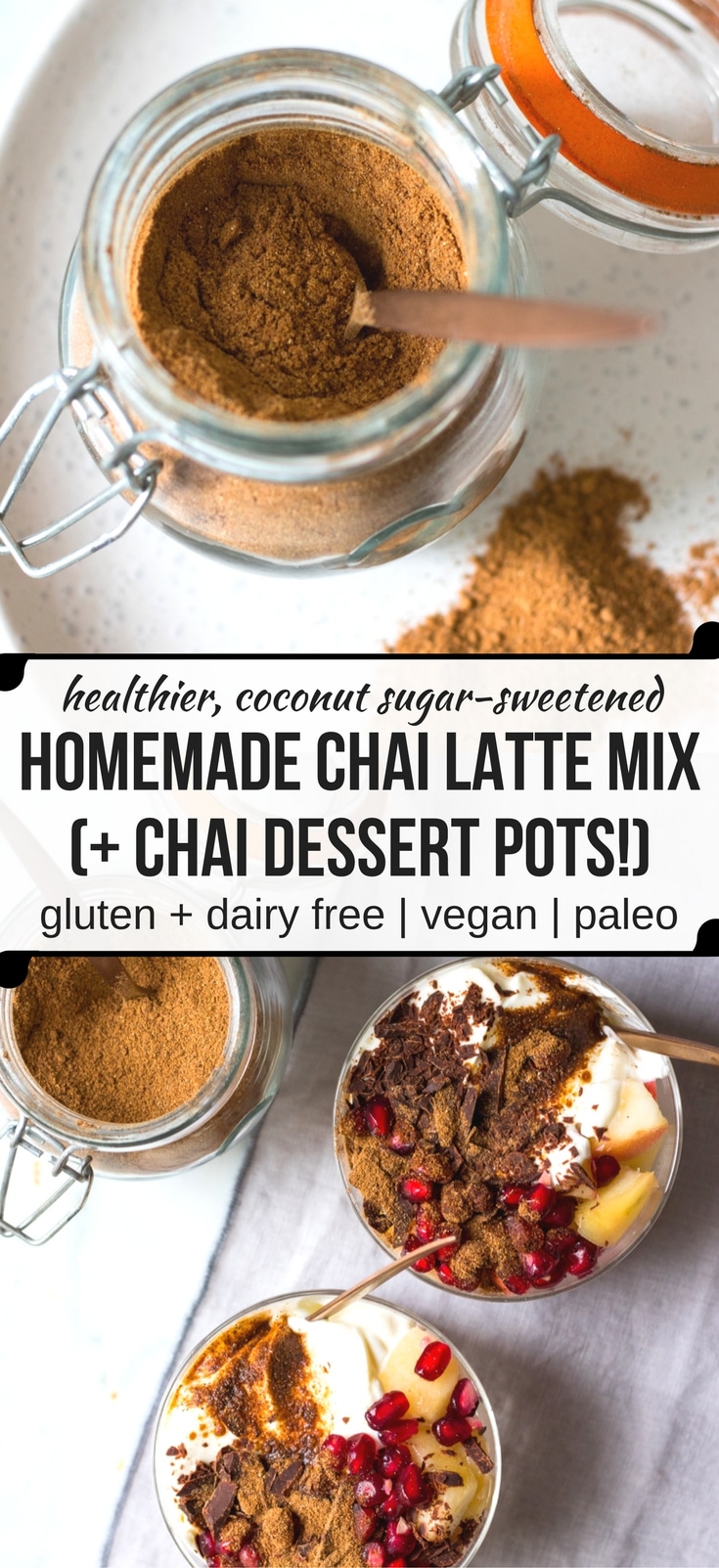 DIY Chai Latte Mix to create a healthier, natural cafe style chai latte at home. Sweetened with coconut sugar, you can adjust the amount of sweetness. Use for a hot drink or for flavouring pancakes and desserts! #chai #chailatte #chaispicemix #healthy