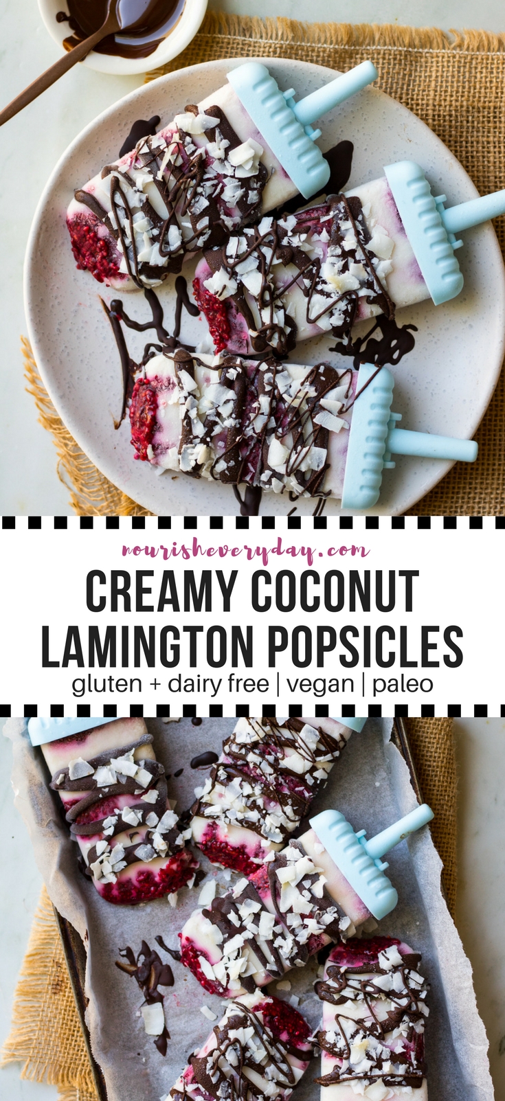 Creamy coconut lamington popsicles with raspberry chia jam, dark chocolate and coconut flakes. These dairy free, #vegan frozen treats are a fun healthy way to get a lamington fix! #popsicles #lamington #dairyfree