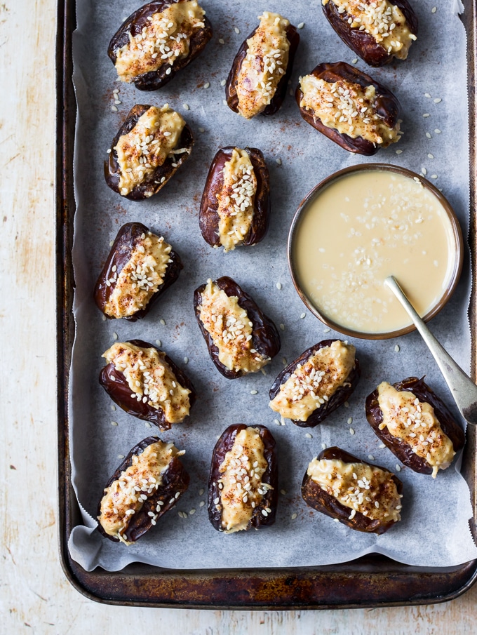 coconut tahini stuffed dates top down on tray