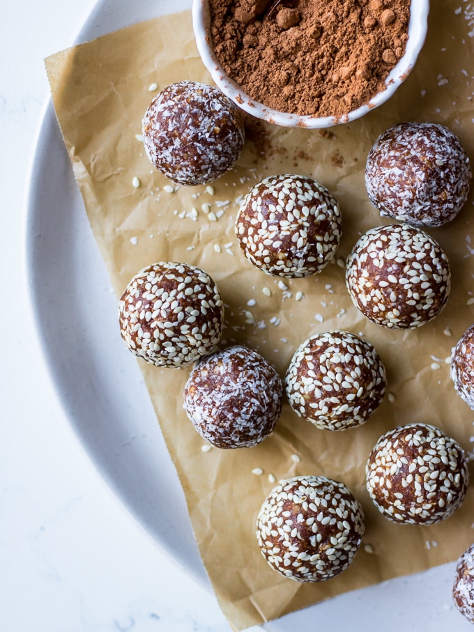 kakadu plum and ginger energy balls on white plate
