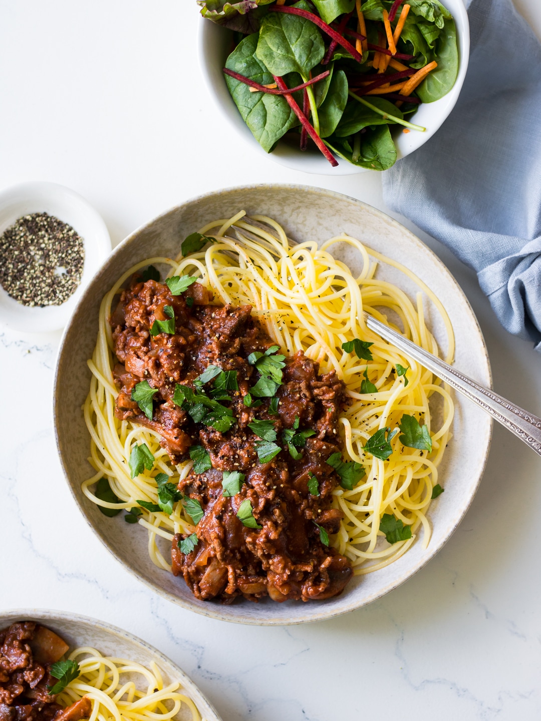 Red Wine Bolognese in ceramic bowl, spaghetti, parsley garnish