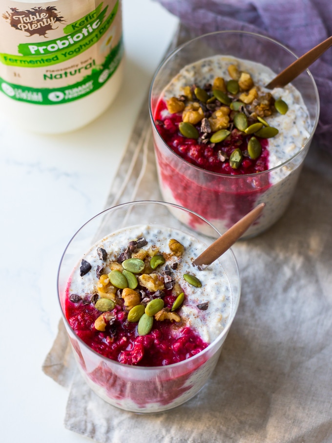 raspberry kefir overnight oats with table of plenty kefir bottle