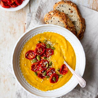 Cauliflower, sweet potato and red lentil soup with slow roasted tomatoes
