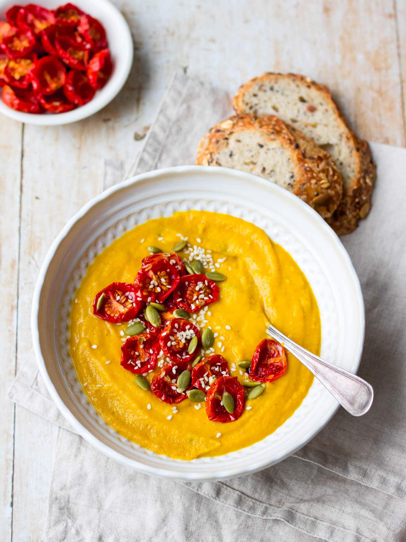 Cauliflower, sweet potato and red lentil soup with slow roasted tomatoes