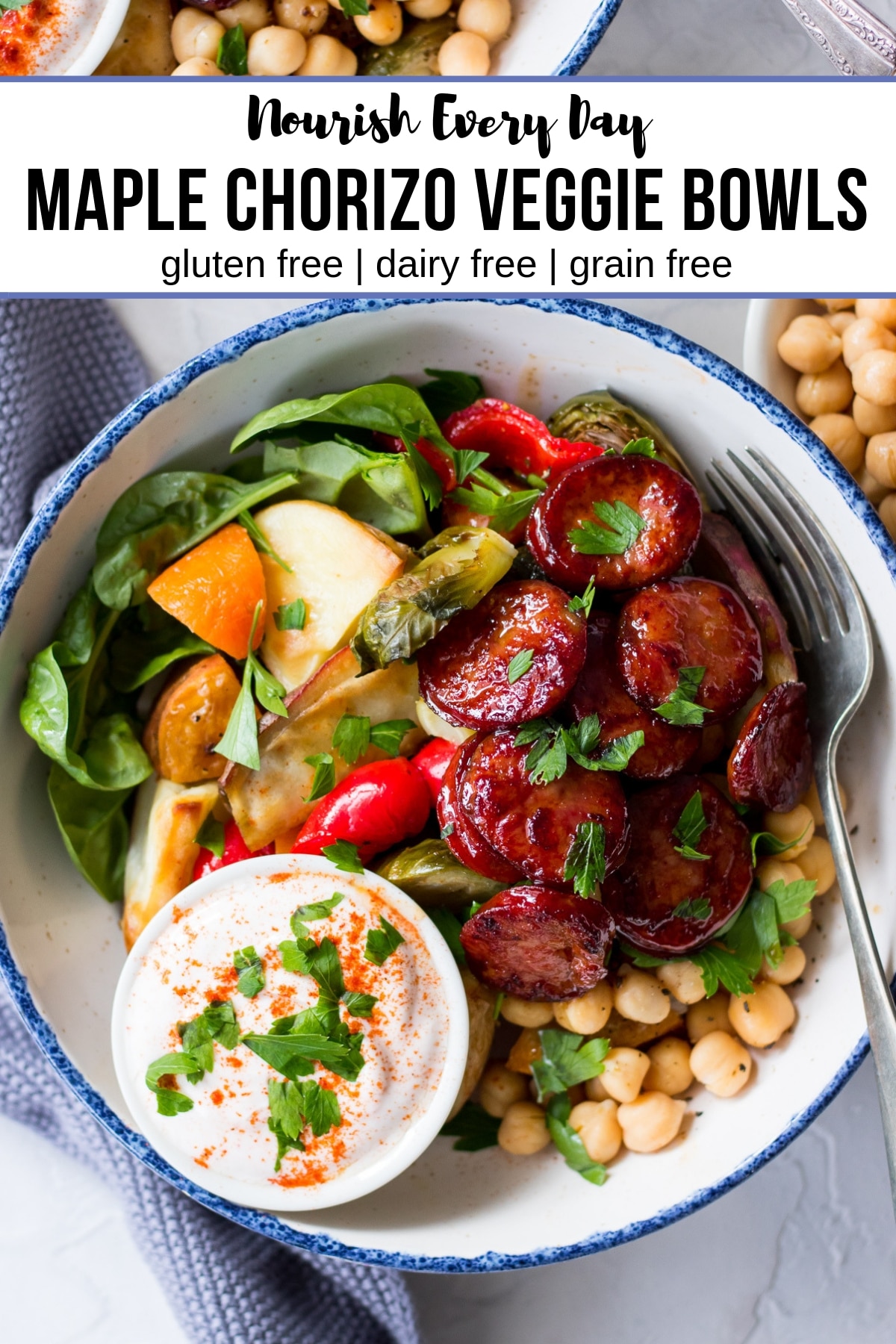 Maple Chorizo Veggie Bowls | sliced chorizo, vegetables and chickpeas with a maple glaze | Nourish Every Day