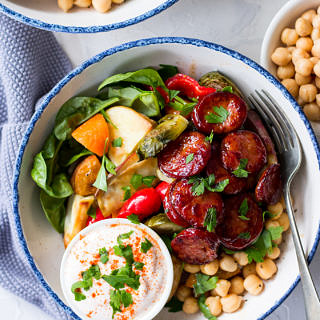 Maple Chorizo Veggie Bowls | sliced chorizo, vegetables and chickpeas with a maple glaze | Nourish Every Day