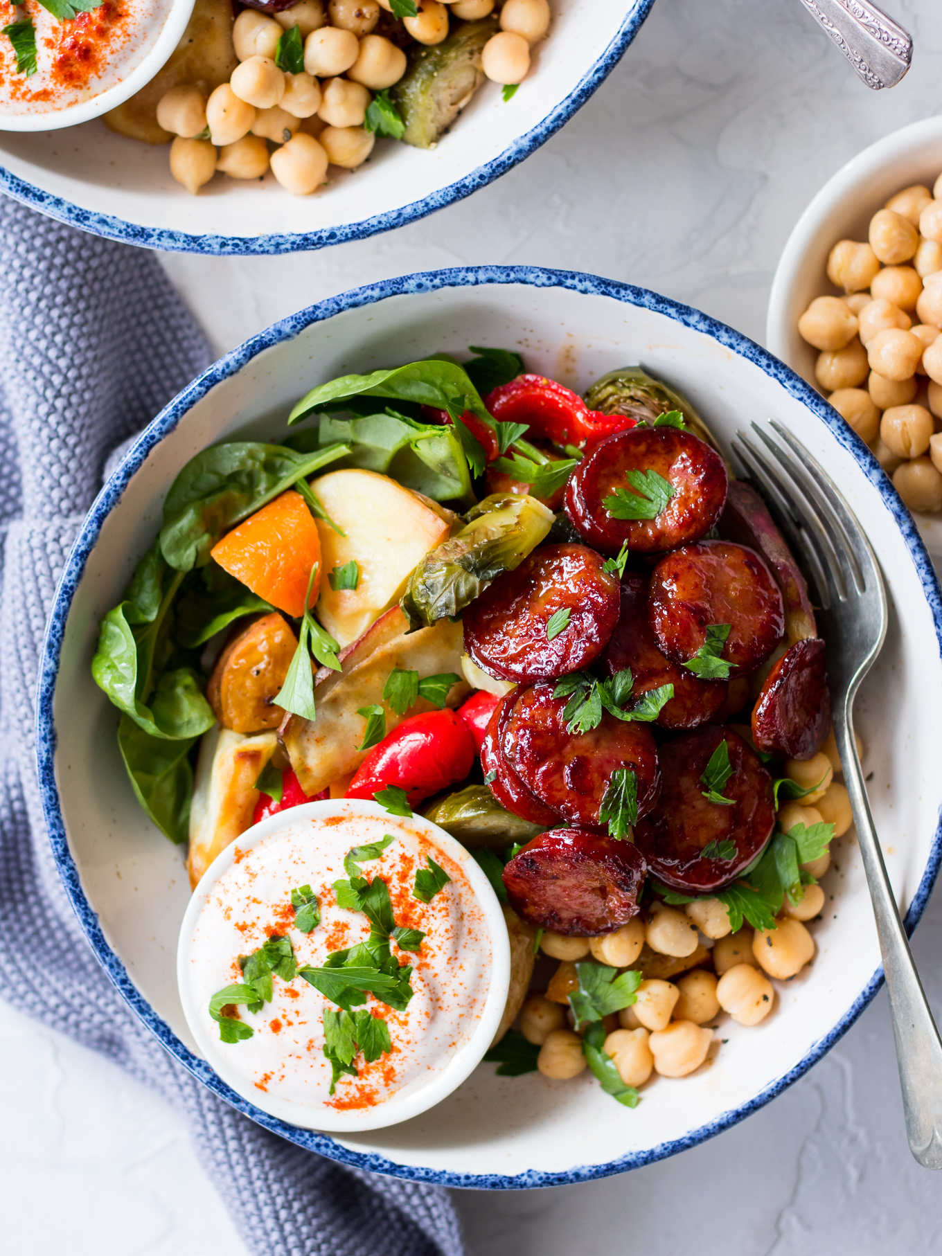 Maple Chorizo Veggie Bowls | sliced chorizo, vegetables and chickpeas with a maple glaze | Nourish Every Day