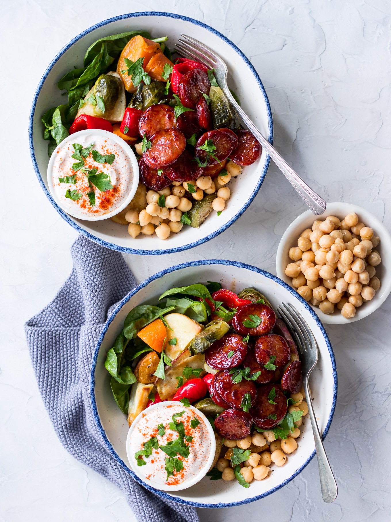 Maple Chorizo Veggie Bowls | sliced chorizo, vegetables and chickpeas with a maple glaze | Nourish Every Day