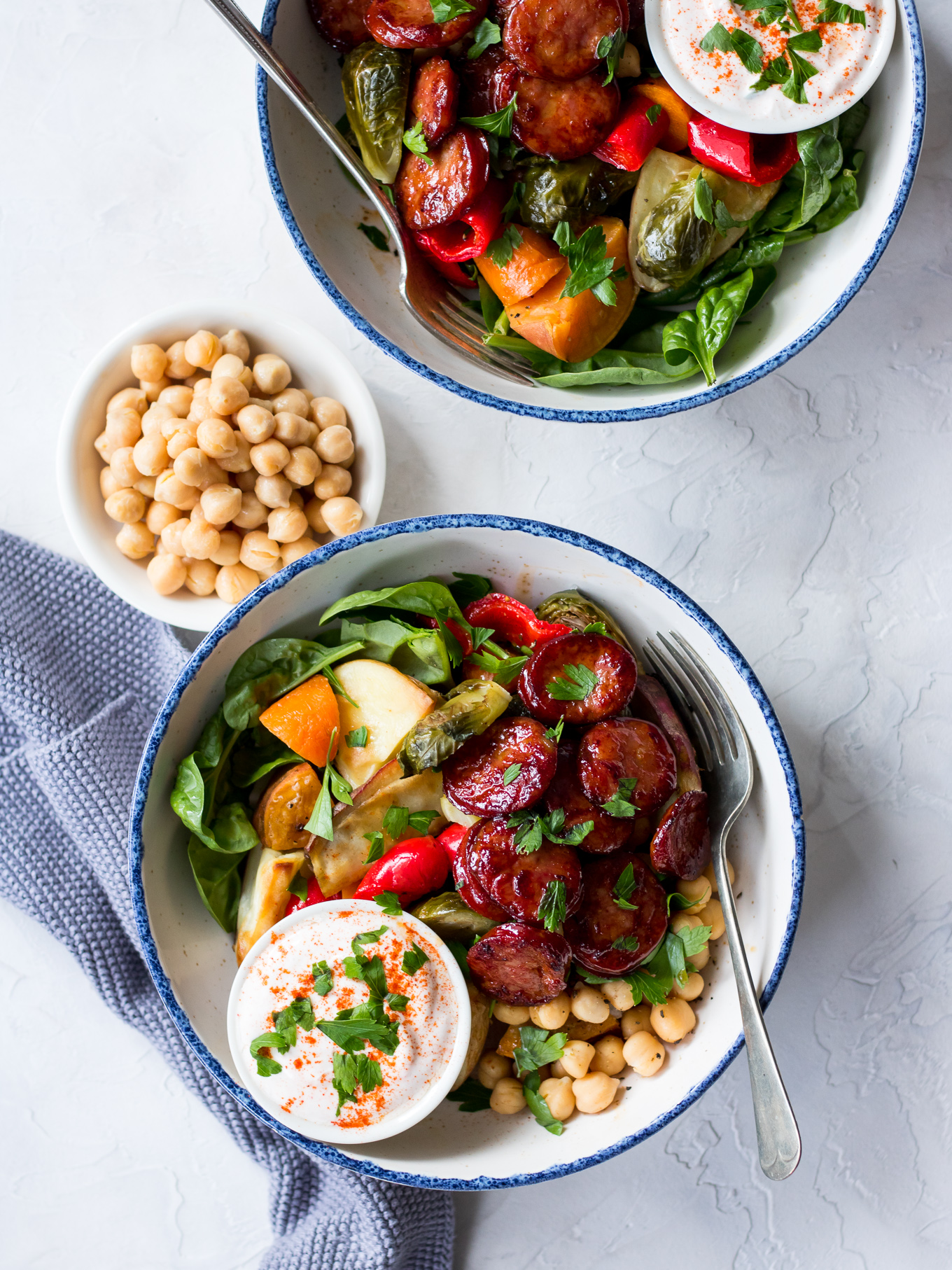 Maple Chorizo Veggie Bowls | sliced chorizo, vegetables and chickpeas with a maple glaze | Nourish Every Day