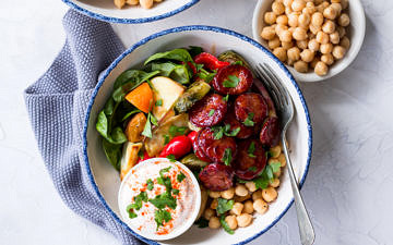 Maple Chorizo Veggie Bowls | sliced chorizo, vegetables and chickpeas with a maple glaze | Nourish Every Day
