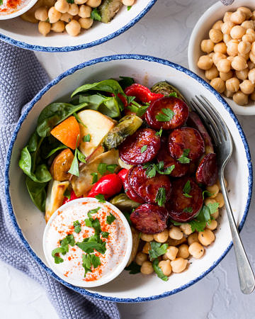 Maple Chorizo Veggie Bowls | sliced chorizo, vegetables and chickpeas with a maple glaze | Nourish Every Day