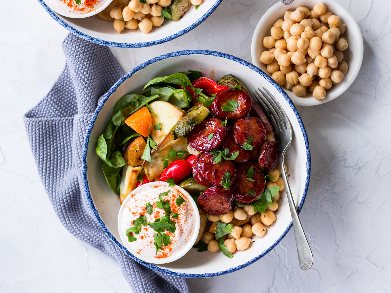 Maple Chorizo Veggie Bowls | sliced chorizo, vegetables and chickpeas with a maple glaze | Nourish Every Day