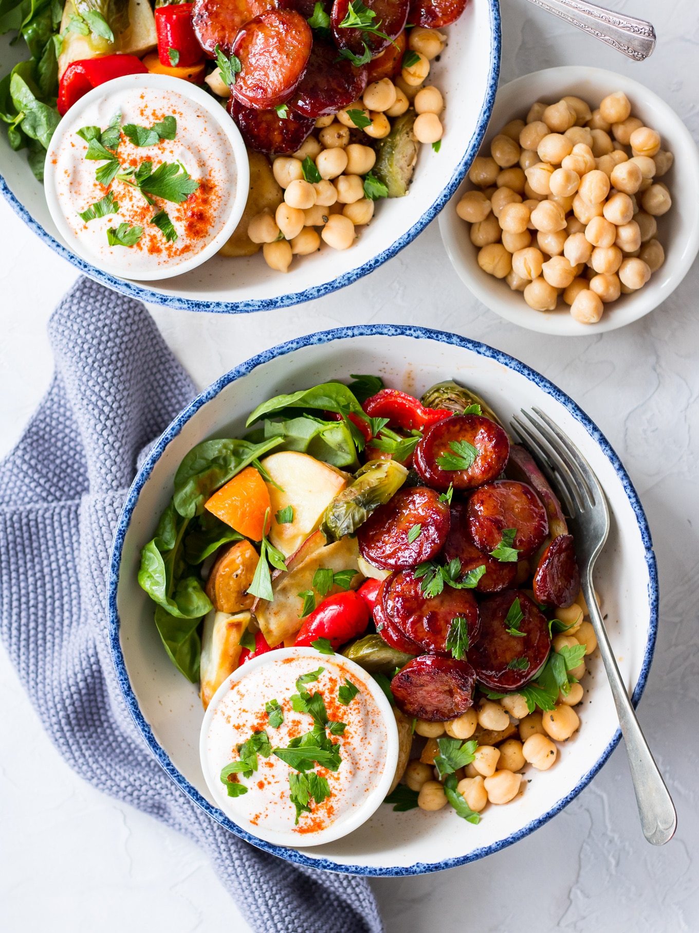 Maple Chorizo Veggie Bowls | sliced chorizo, vegetables and chickpeas with a maple glaze | Nourish Every Day