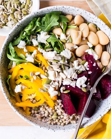 Buddha bowl with roasted beetroot and feta