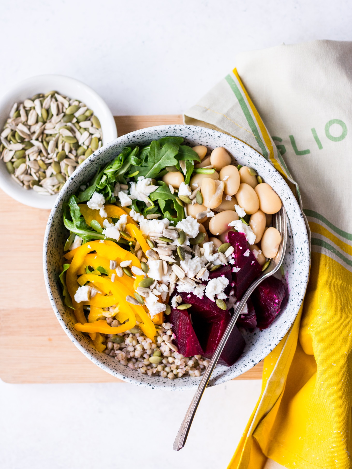 Grain bowl with roasted beetroot, buckwheat, butter beans, feta