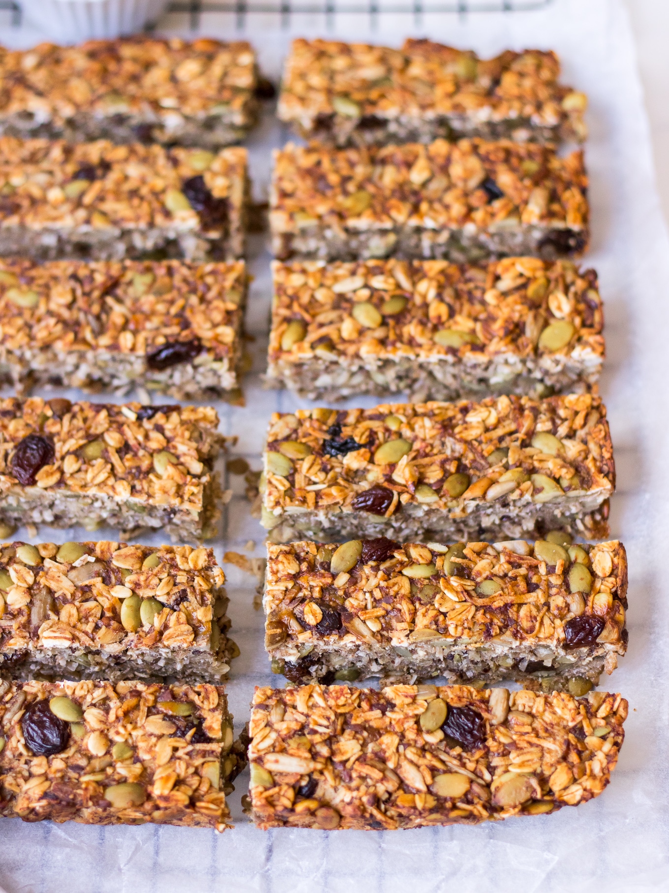 Side angle shot of banana bread granola bars recipe