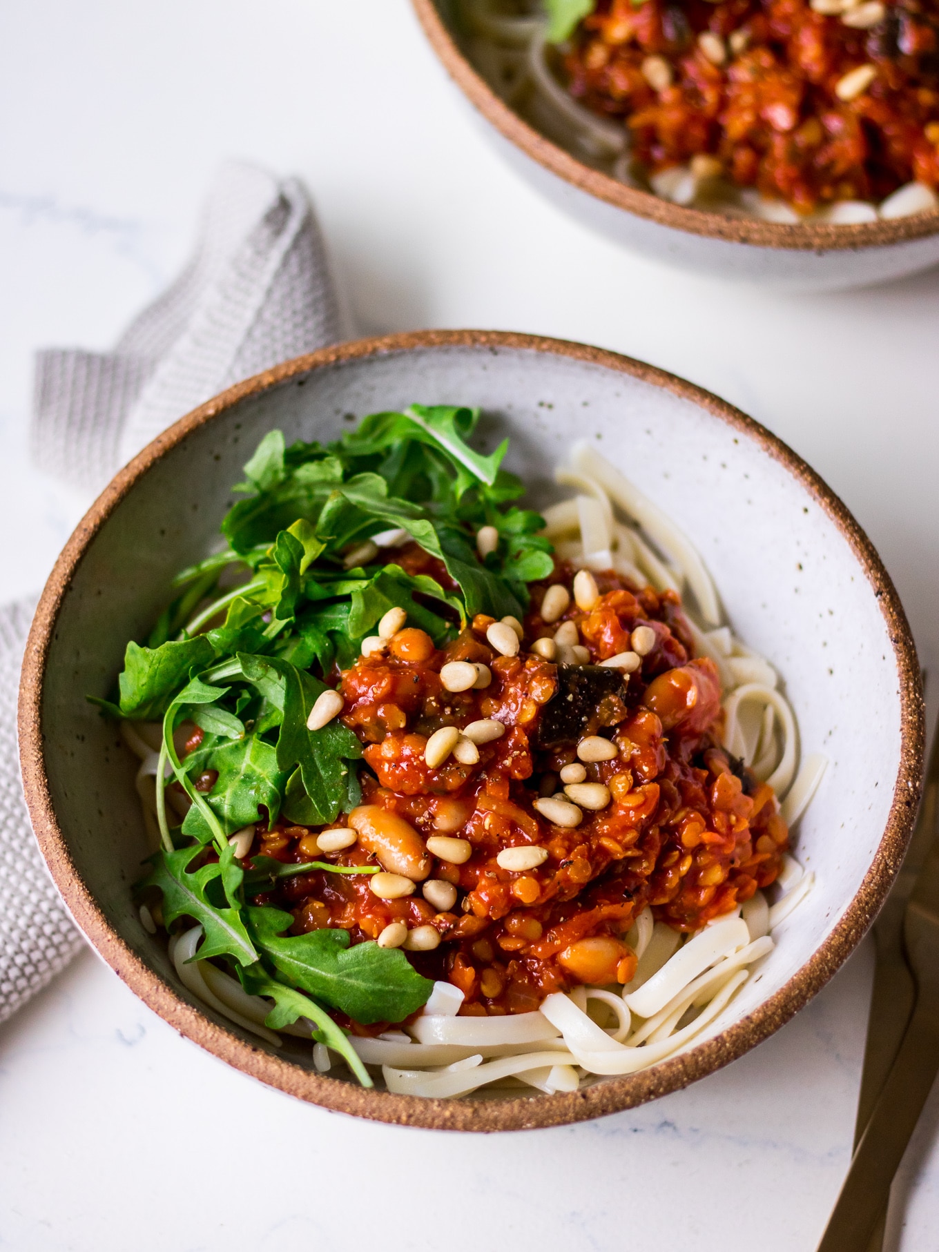 Red lentil eggplant bolognese sauce close up (Nourish Every Day)