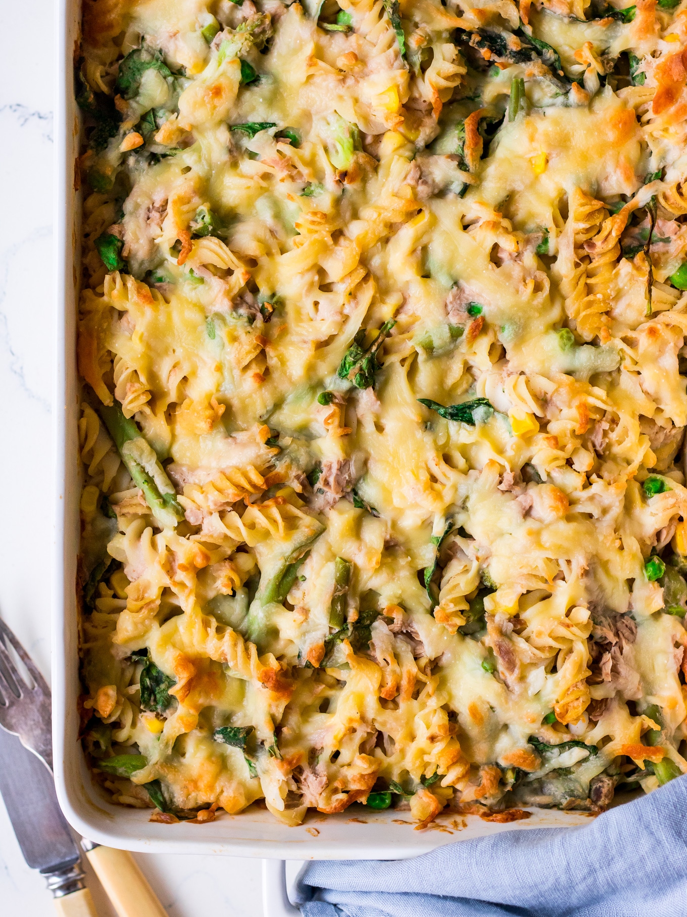 Close up of cheesy creamy tuna pasta bake
