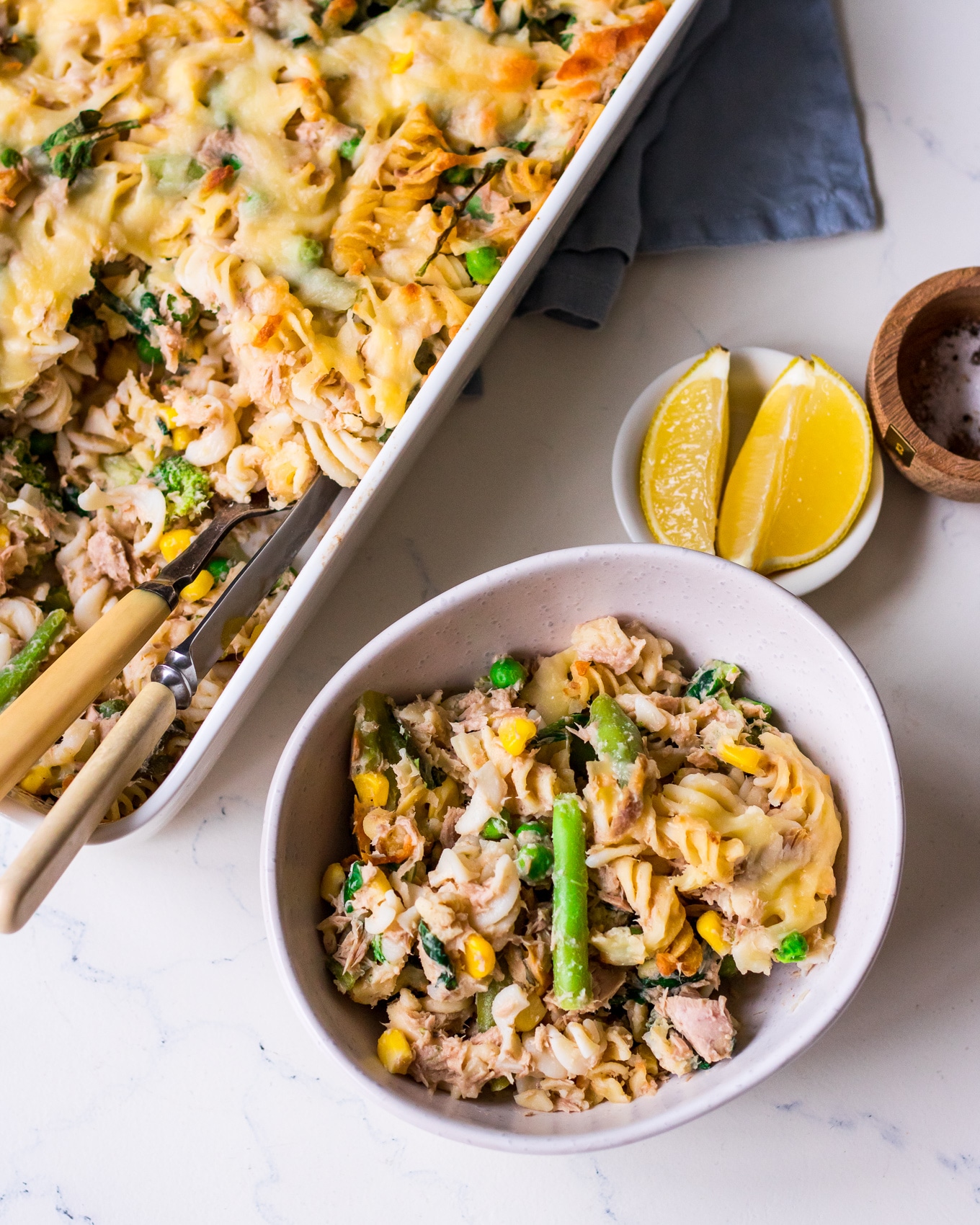 Bowl of tuna pasta bake with lemon