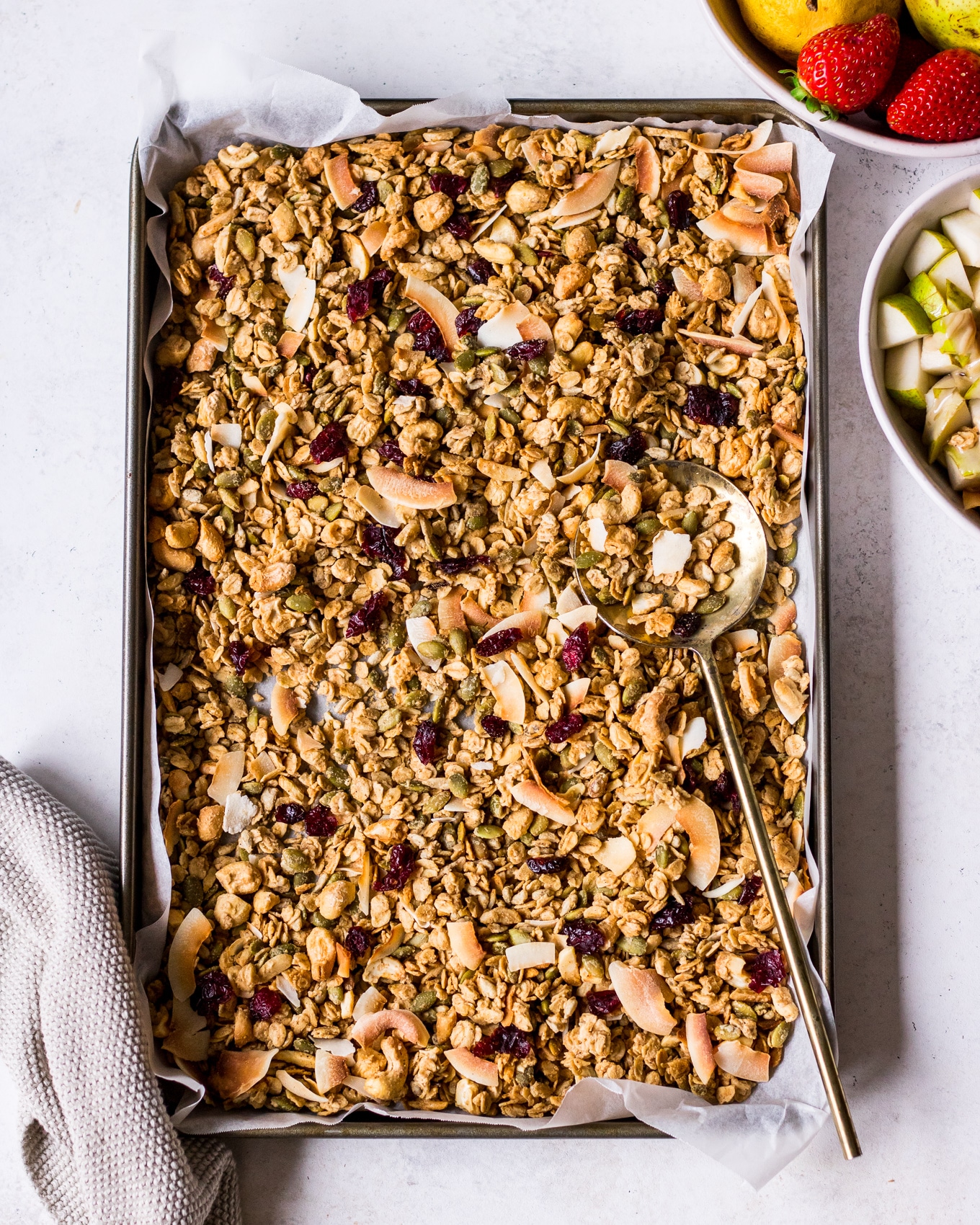 Top view of tray of maple tahini granola (Nourish Every Day blog)