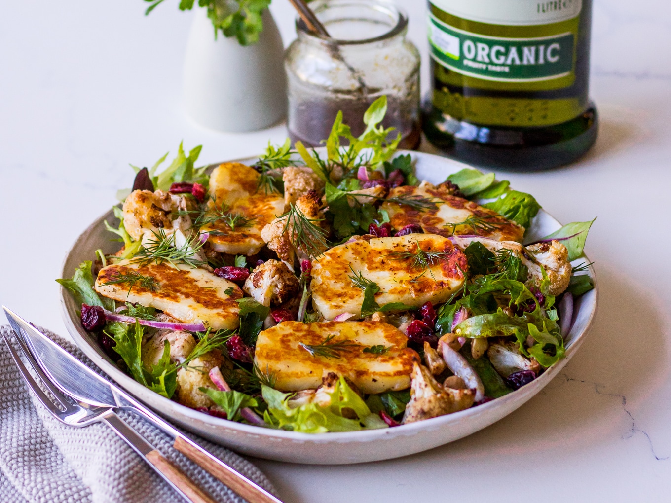 Roasted Cauliflower and Halloumi Salad Recipe Post by Nourish Every Day Blog