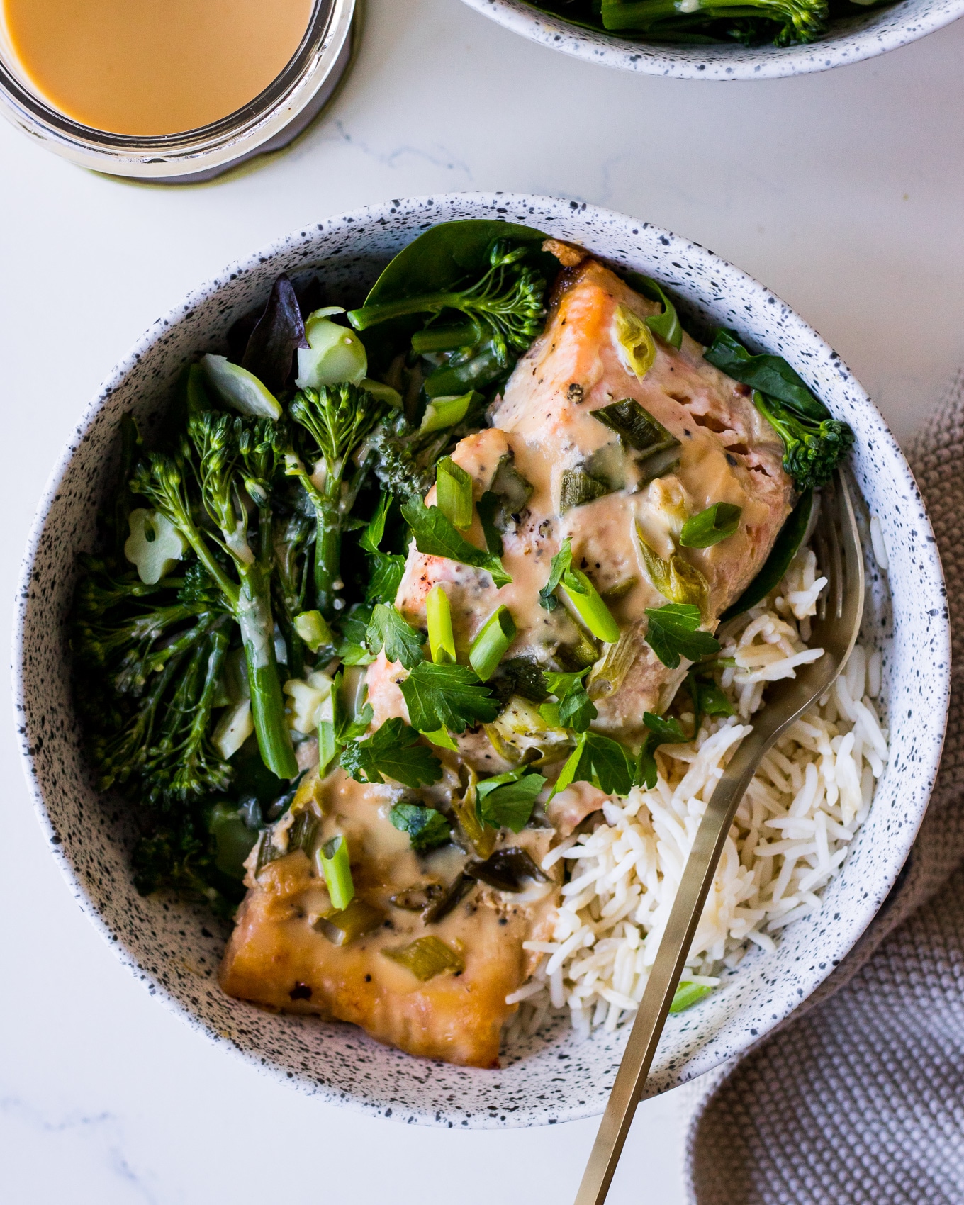 Miso baked salmon fillet with white rice and greens and spring onion
