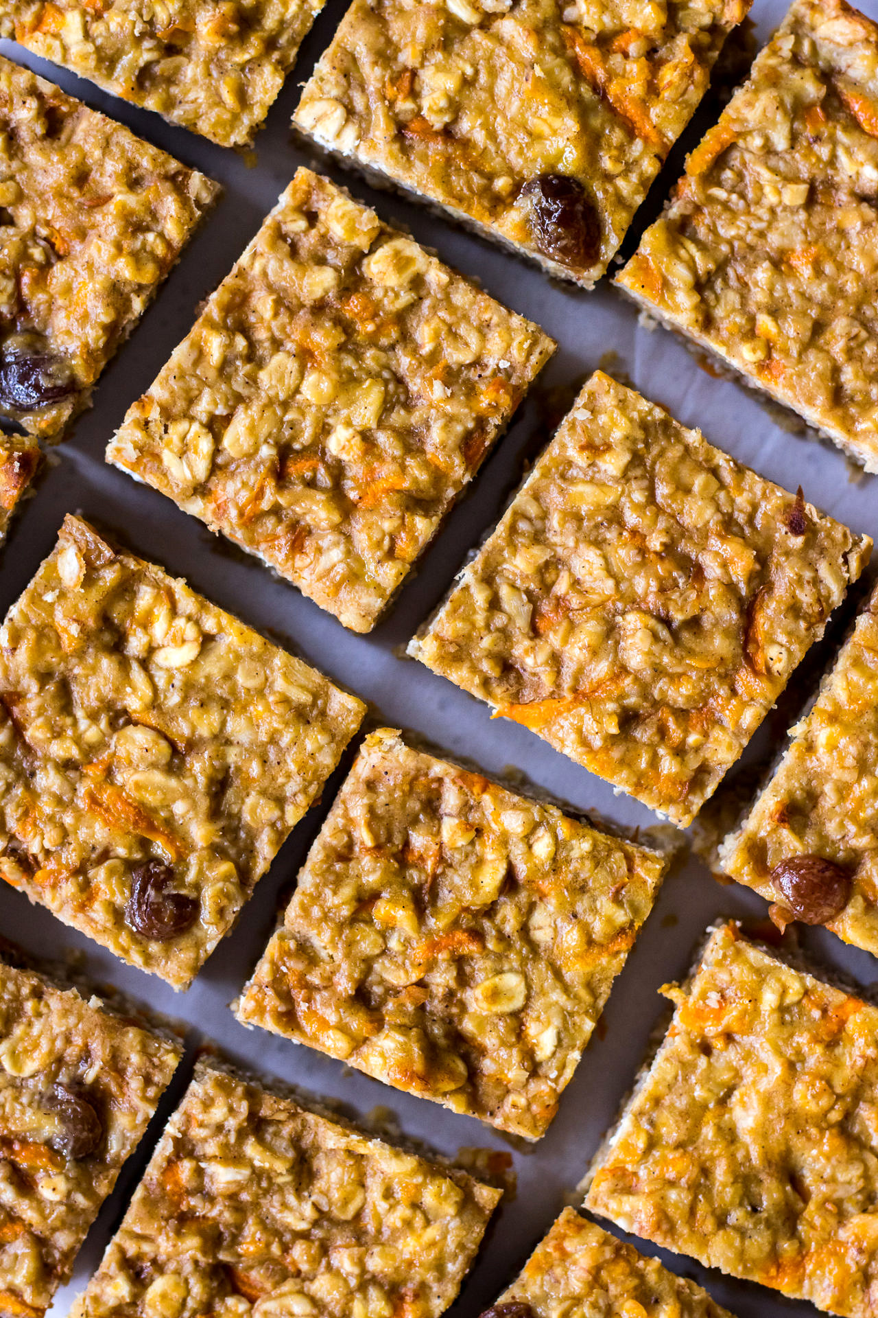 Close up banana oatmeal bars cut into squares