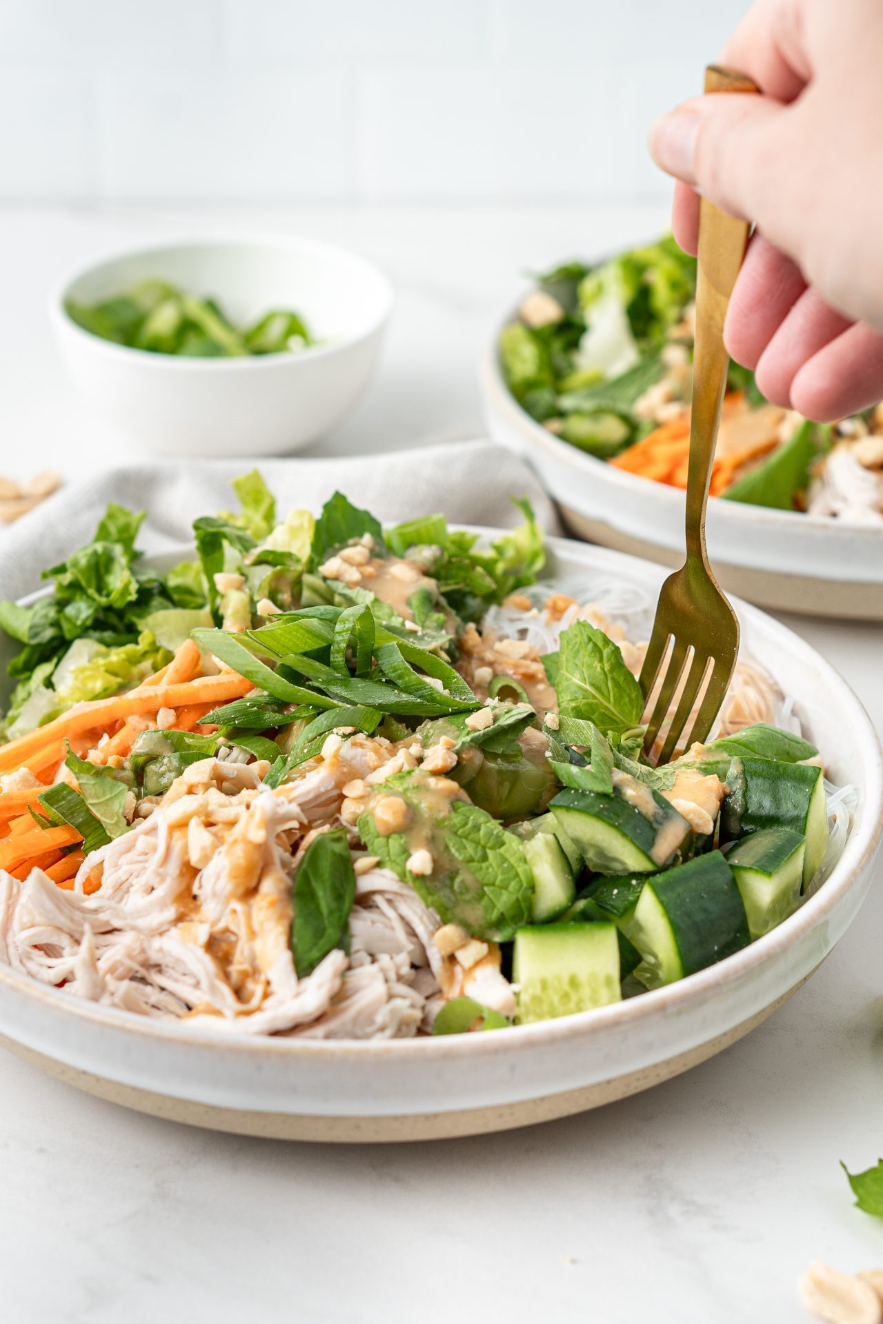 Vietnamese style vermicelli noodle bowls made healthy with vegetables, herbs and peanut butter sauce | Nourish Every Day