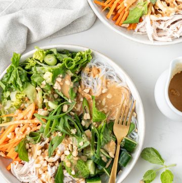Healthy Noodle Bowls with vermicelli noodles, vegetables, fresh herbs and peanut butter sauce spread on top | Nourish Every Day